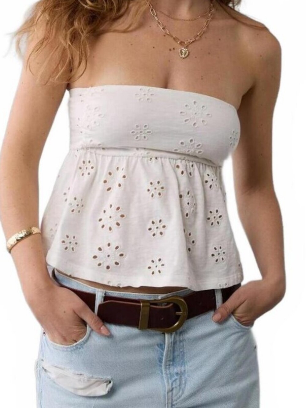 White Strapless Eyelet Peplum Top